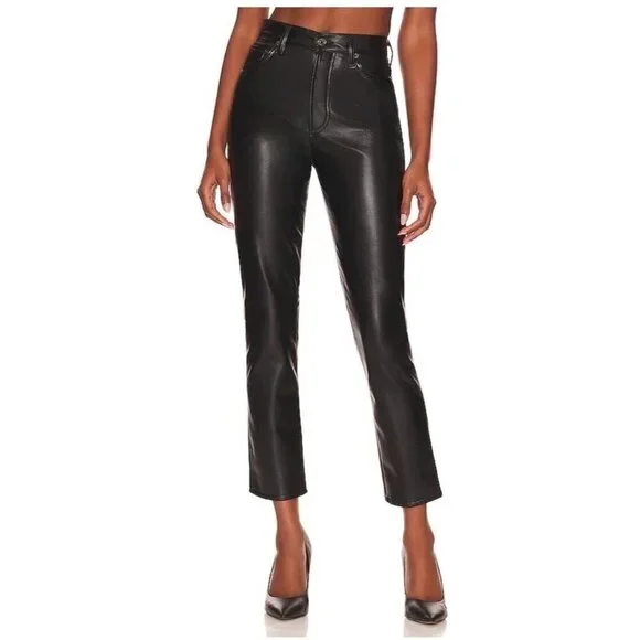 New Agolde Riley Long Pants Recycled Leather in Detox Black High Rise Sz 26 - Picture 2 of 9